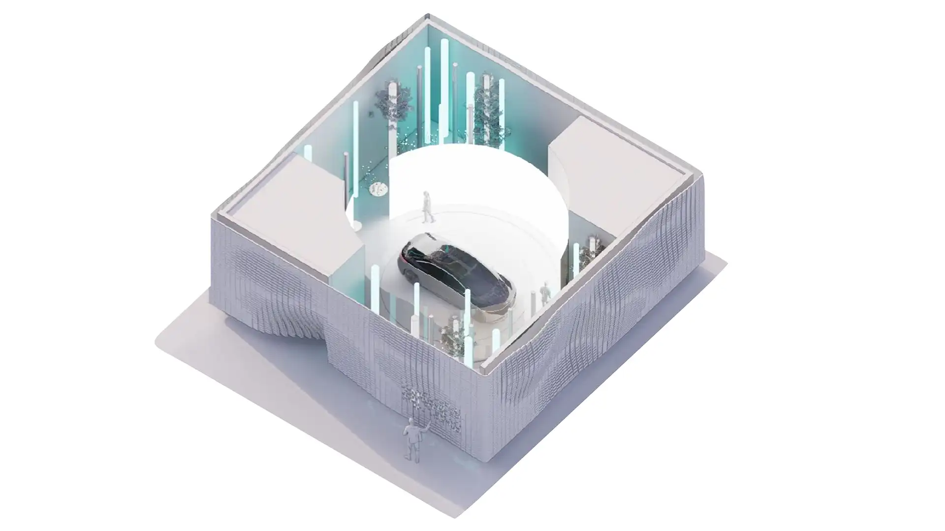 Mercedes EQS pavilion concept for China with parametric form, programmable LED light, and 360 immersive canvas