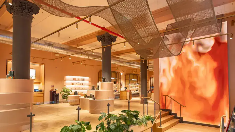 Nespresso New York flagship with coffee-and-cream visuals across the video wall