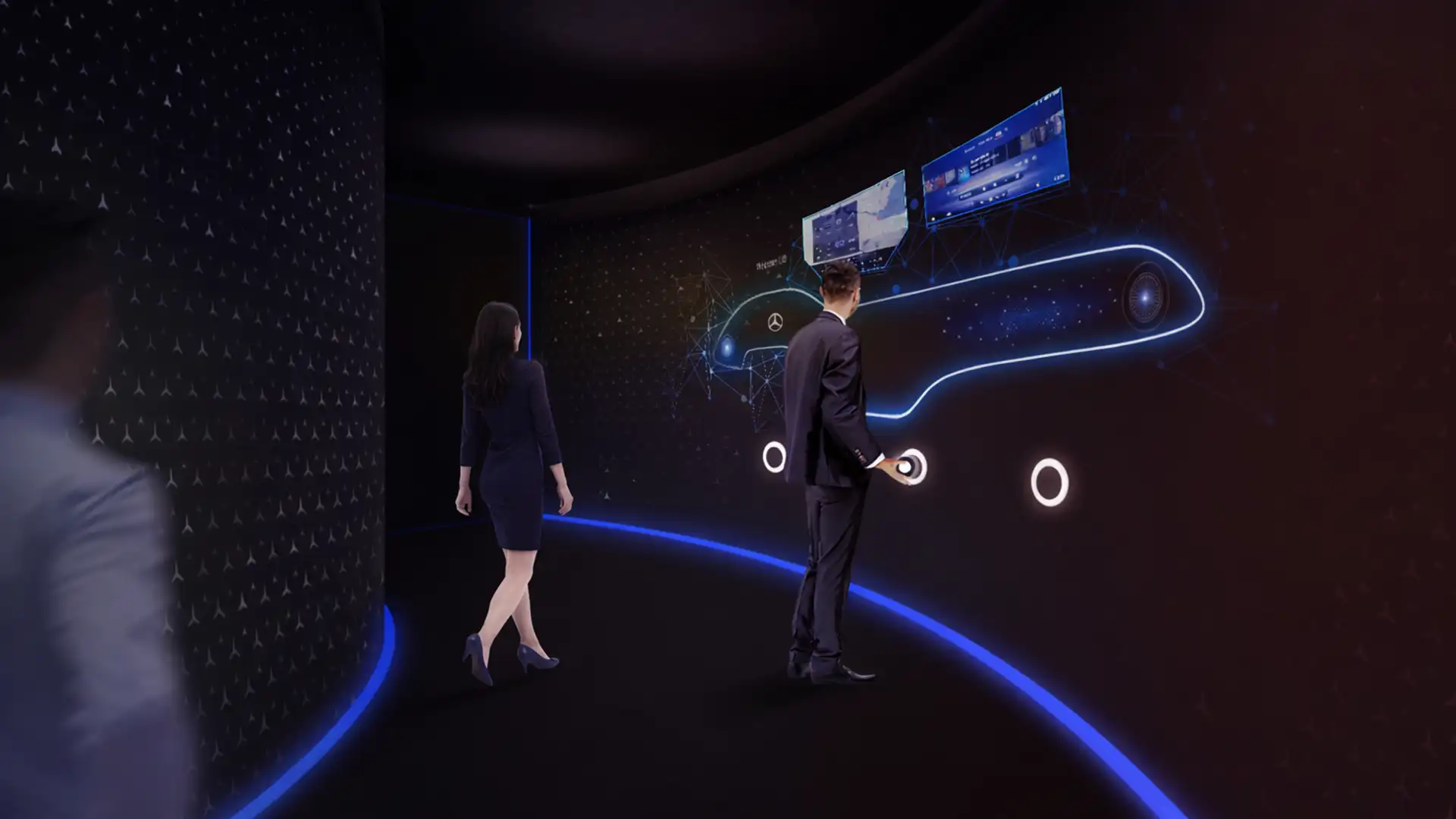 Mercedes-Benz EQS spatial experience concept with parametric form, programmable LED light, and a 360 dome showcase