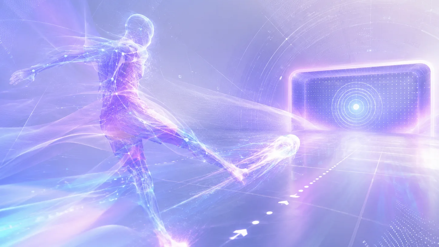 Abstract cover illustration for how interactive football games work, a luminous figure striking a ball toward a glowing goal